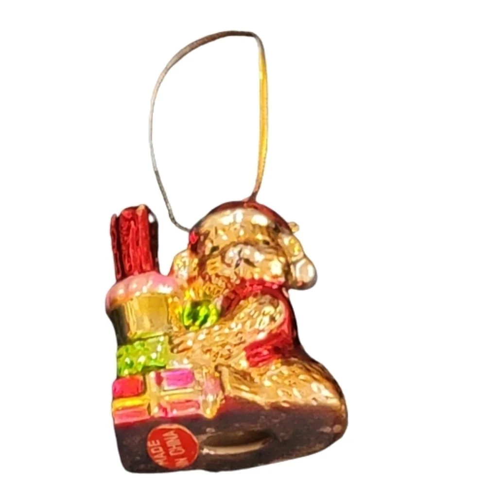BEAR Ornament Wearing Santa Hat holding candle chimney Painted Glass Tree Decor